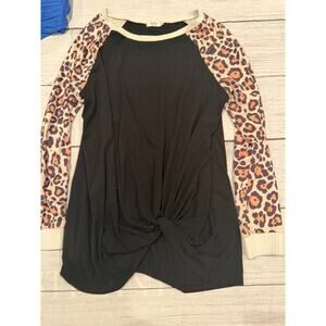 Ours Long Sleeve Black Top with Leopard Print Sleeves Size M